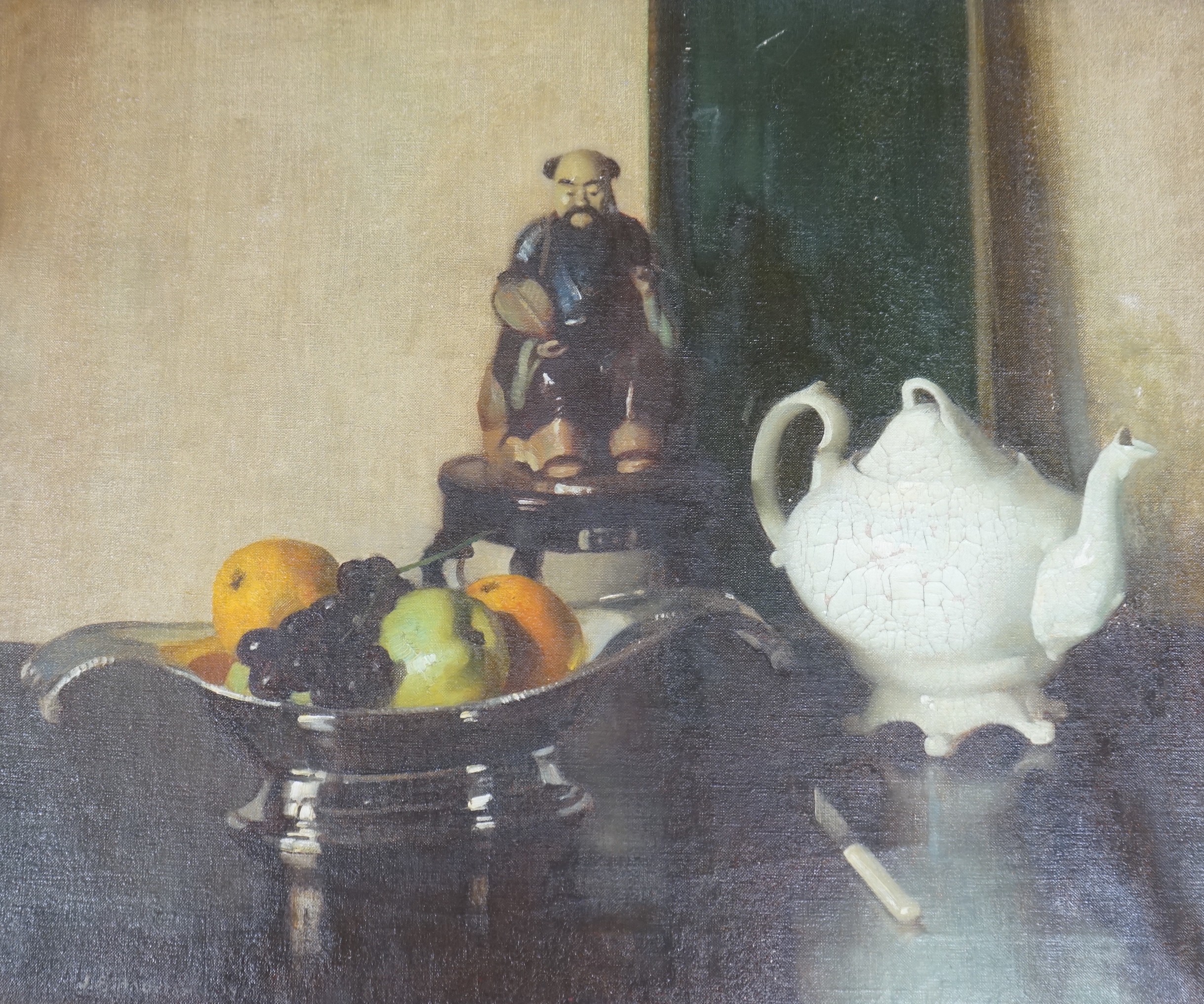 James Bell Anderson RSA, (Scottish 1886-1938), oil on canvas, Still life of fruit, a Chinese figure and a Victorian teapot, signed and dated '19, 50 x 60cm